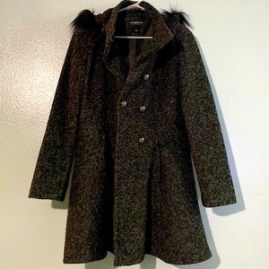 Wool Pea Coat W/ Faux Fur Lined Hood